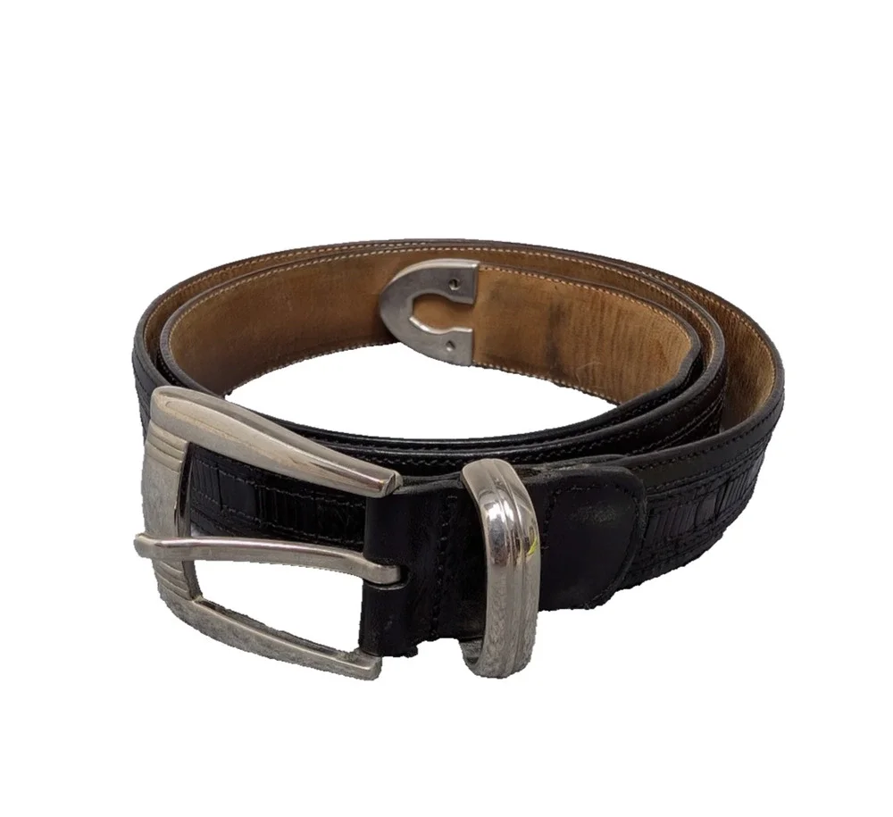 Mezlan Genuine Crocodile Belt Mens 34 Black Silver Tone Spain Quiet Luxury